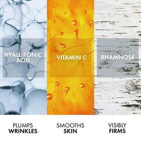 VICHY jar label detail highlighting active ingredients rhamnose and vitamin C for firming