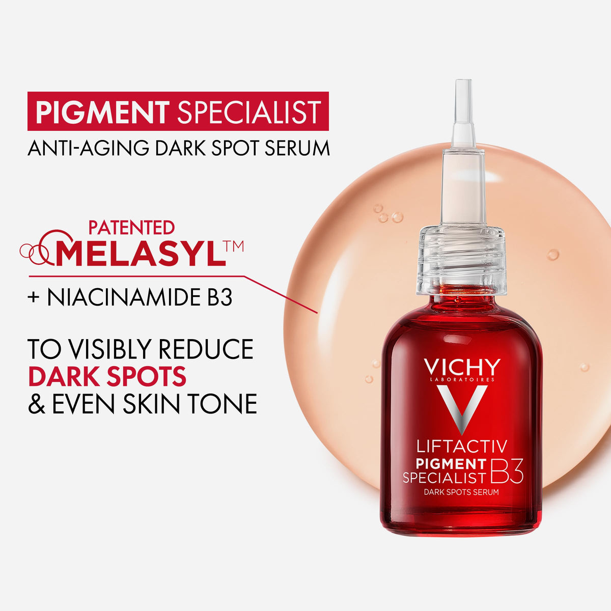 Vichy LiftActiv B3 serum texture on dropper illustrating lightweight absorption
