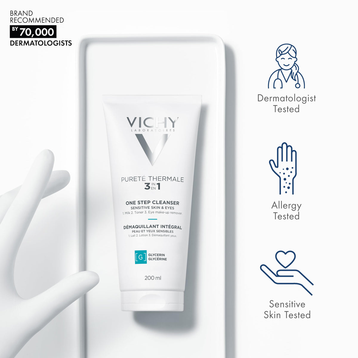 VICHY milky cleanser texture poured to show lightweight non-greasy feel