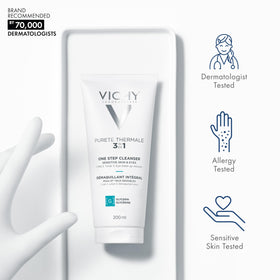 VICHY milky cleanser texture poured to show lightweight non-greasy feel