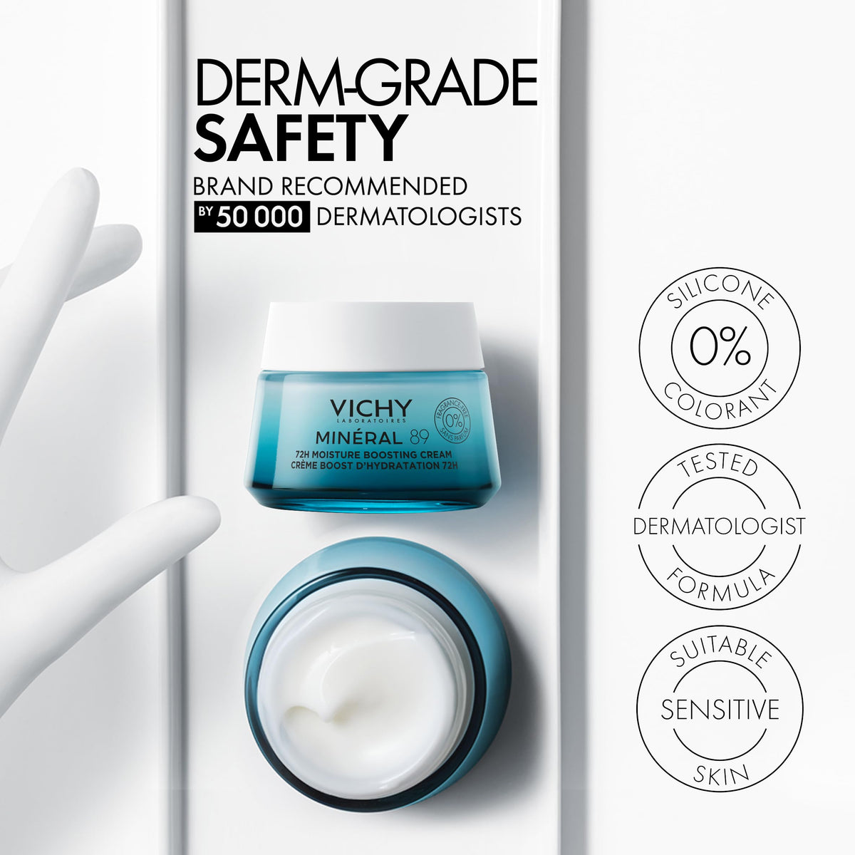 VICHY cream applied on hand demonstrating smooth spread and instant moisture