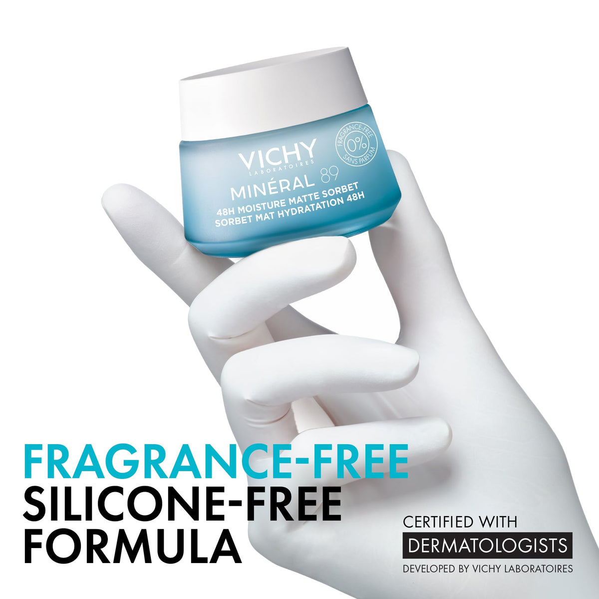 VICHY ingredient display with hyaluronic acid and volcanic water benefits