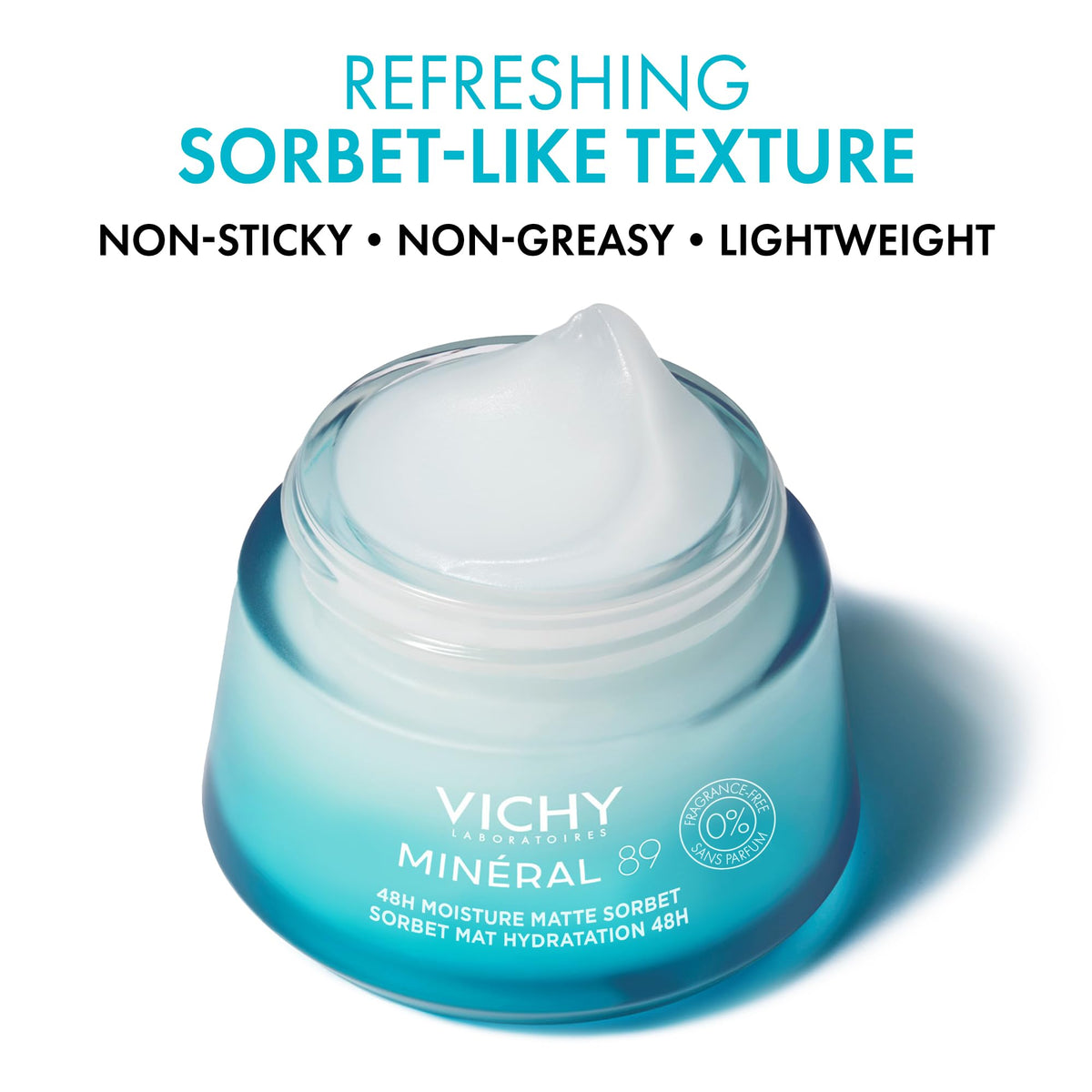 VICHY sorbet texture close-up highlighting lightweight hydrating gel