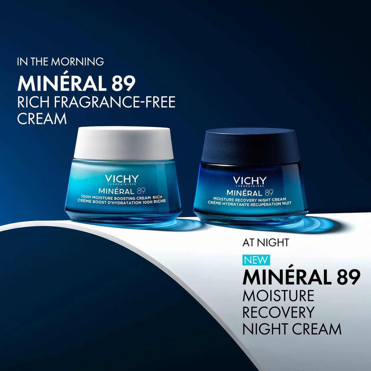 VICHY product on vanity with soft lighting conveying calming evening ritual
