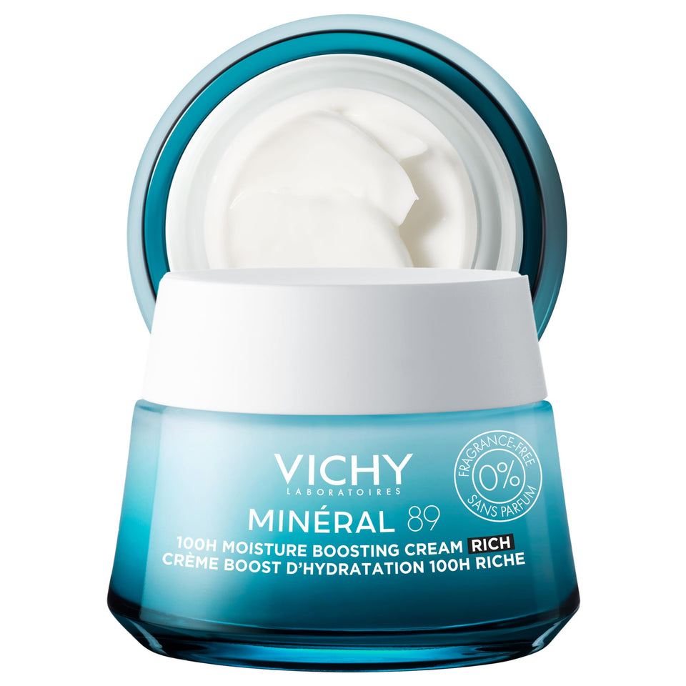 VICHY jar front view showing Mineral 89 Rich Cream with clear hydration benefit