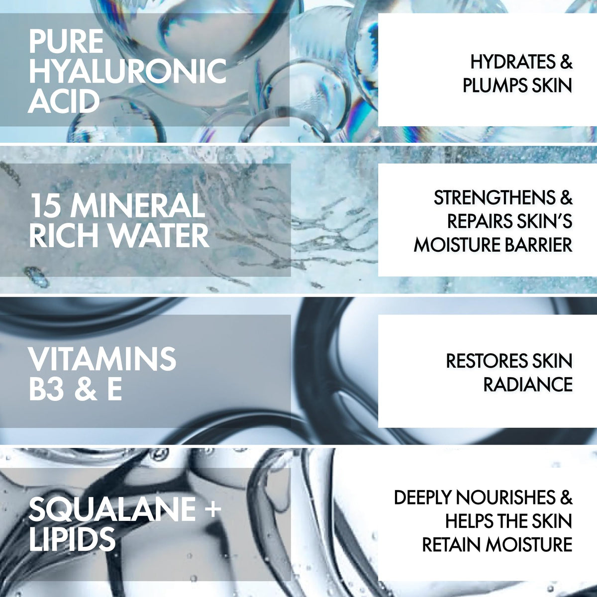 VICHY ingredients label highlighting volcanic water and hyaluronic acid benefits