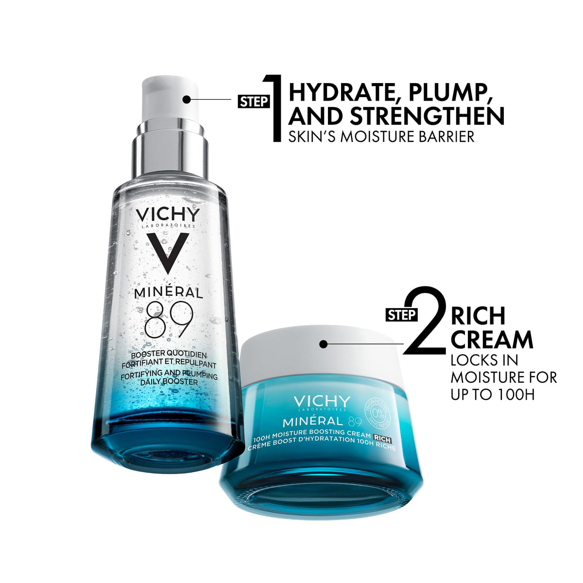 VICHY cream on bathroom vanity in lifestyle scene showing daily routine benefit