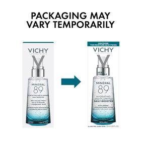 VICHY bottle beside common items to show 1.01 fl oz size and portability