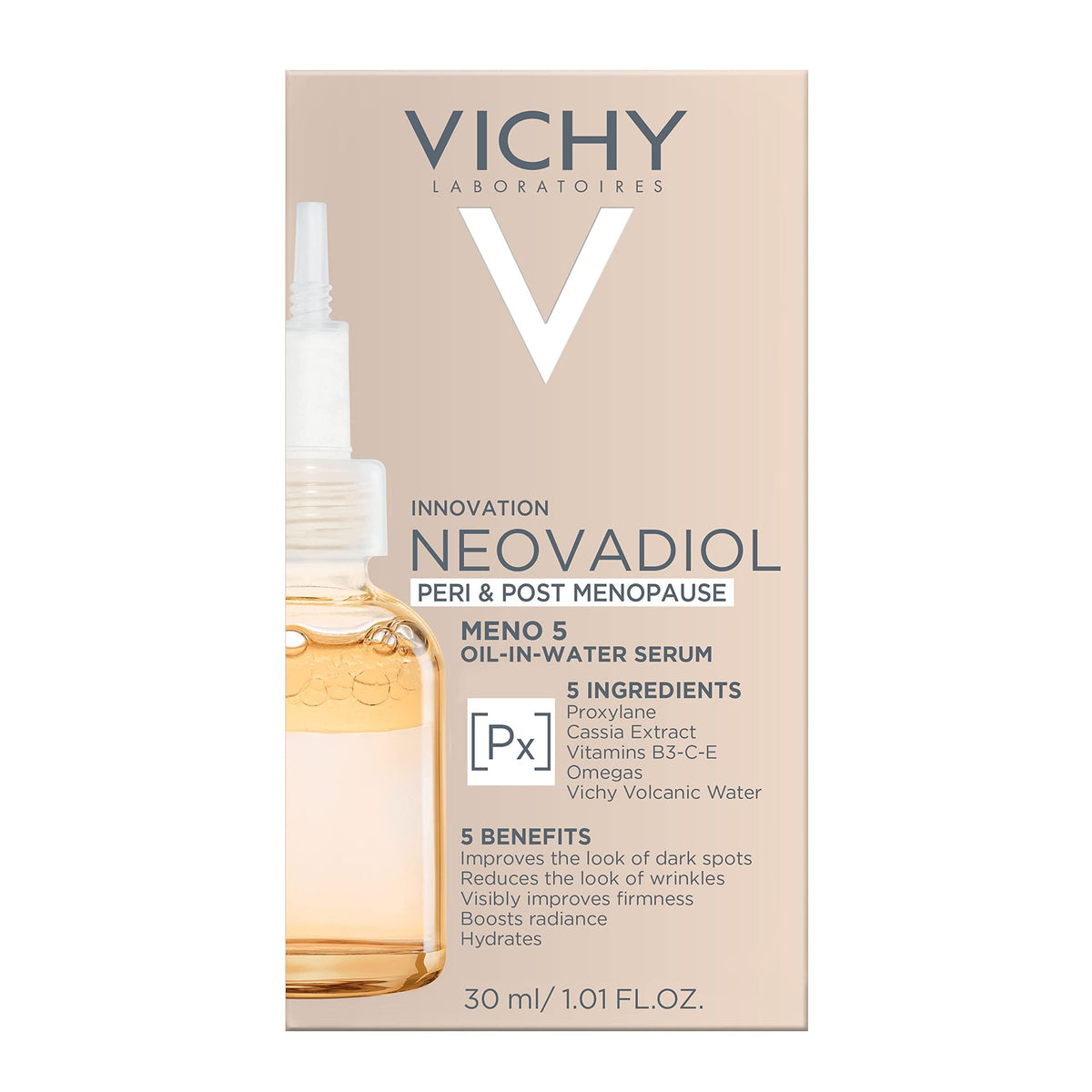 Vichy Neovadiol bottle next to hand showing true 1.01 fl oz scale
