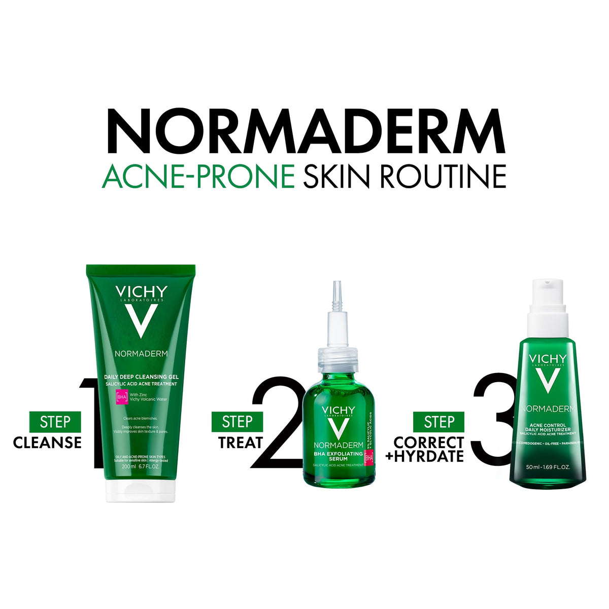 VICHY Normaderm product label and ingredients emphasizing clinical and clean formulation