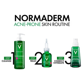 VICHY Normaderm size and scale beside a hand to indicate product volume