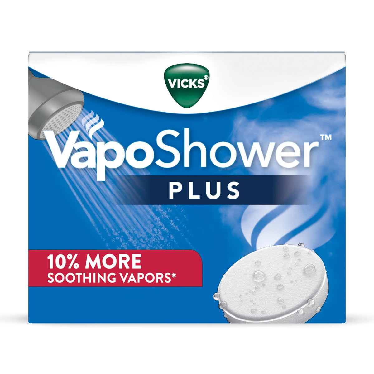 Vicks front packaging showing VapoShower PLUS tablets and count benefits