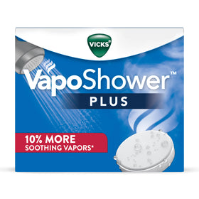 Vicks front packaging showing VapoShower PLUS tablets and count benefits