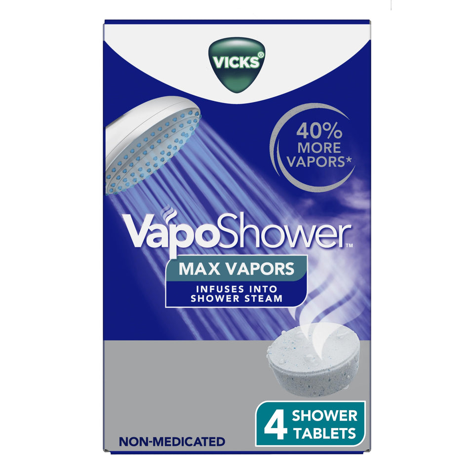Vicks front packaging showing 4ct VapoShower Max for stronger steam
