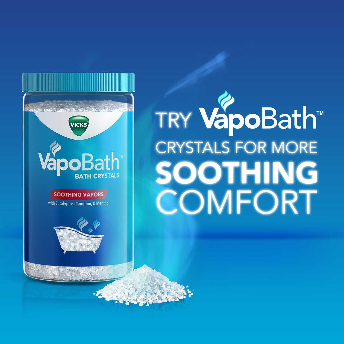 Vicks in evening bathroom scene showing relaxing steam aromatherapy benefit