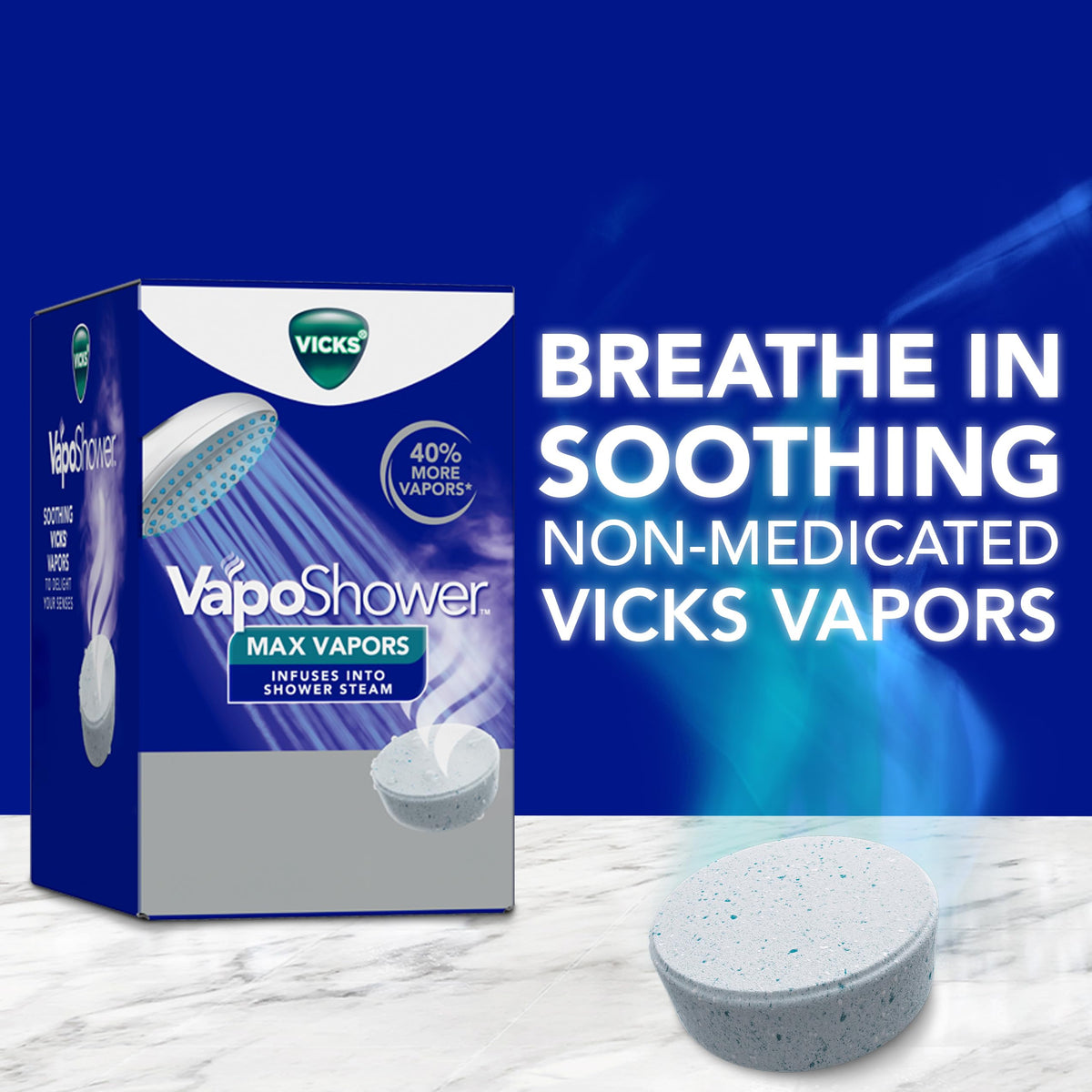 Vicks tablet dissolving in warm shower steam for intensified aroma benefit