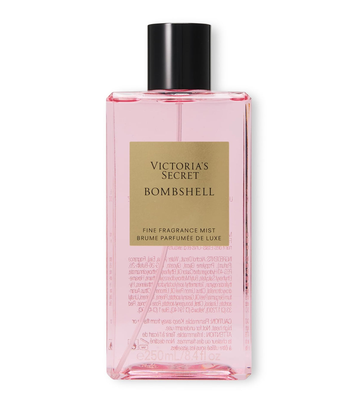 Victoria's Secret front view of Bombshell mist bottle showing sleek packaging and quick refresh