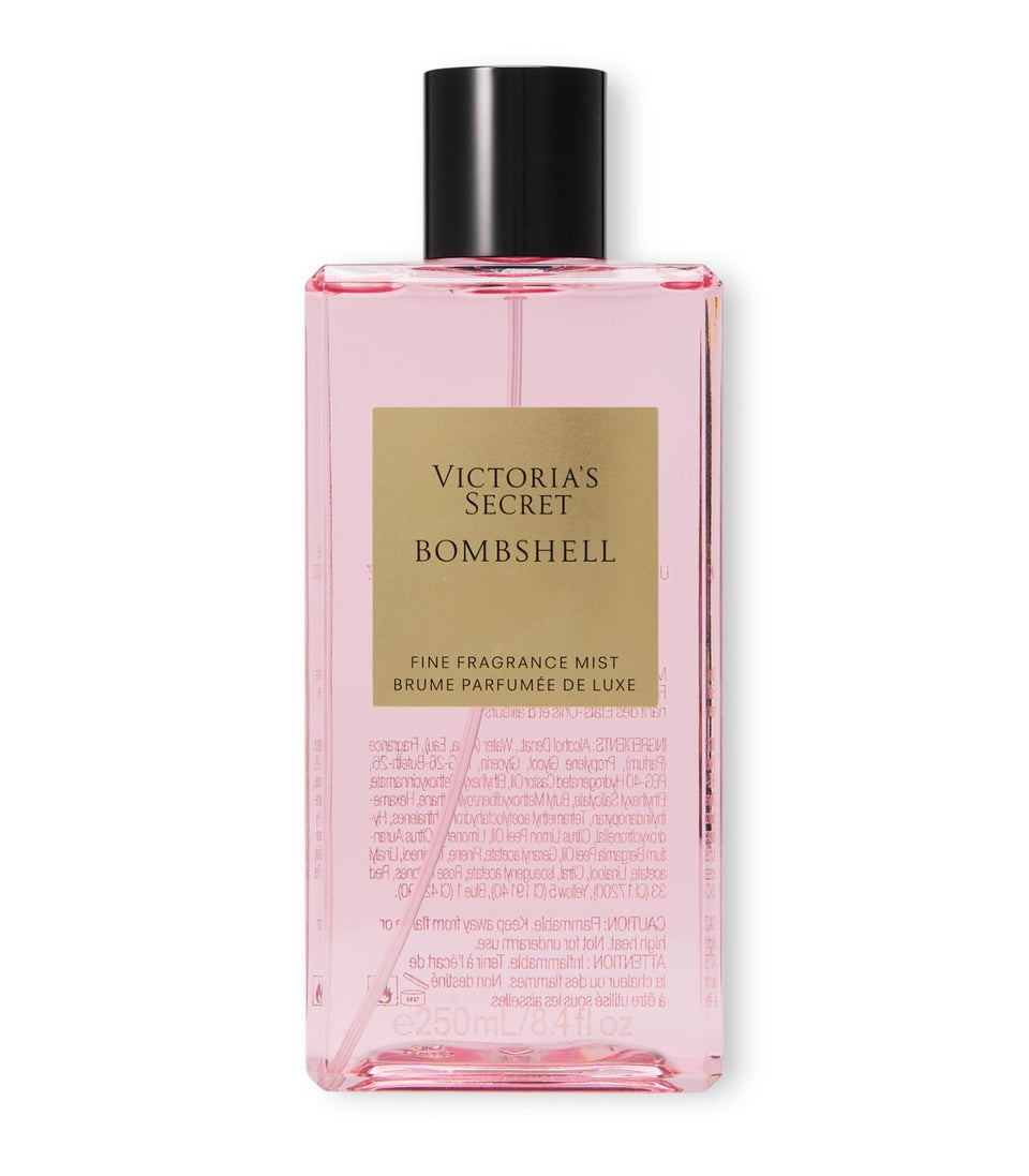 Victoria's Secret front view of Bombshell mist bottle showing sleek packaging and quick refresh