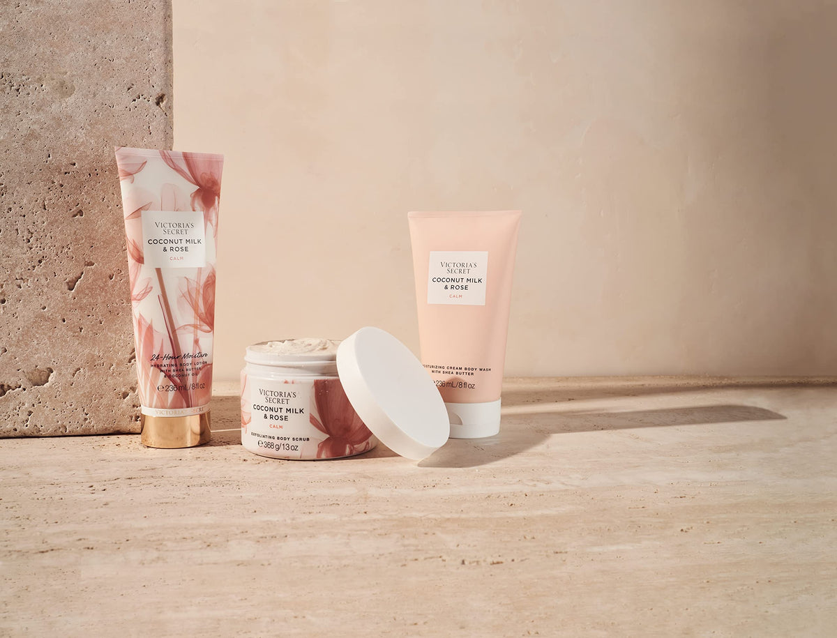 Victoria's Secret lotion in hand to show bottle scale and recommended single-use amount