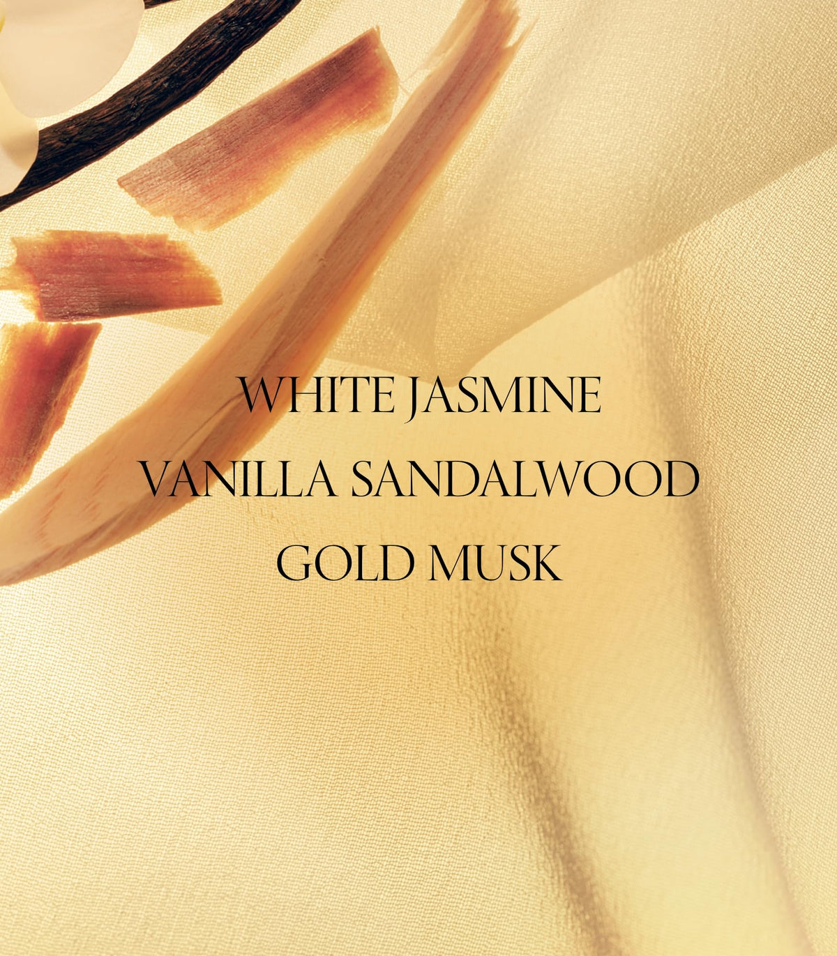 Victoria's Secret Heavenly ingredients flatlay with jasmine, sandalwood, vanilla to show scent profile