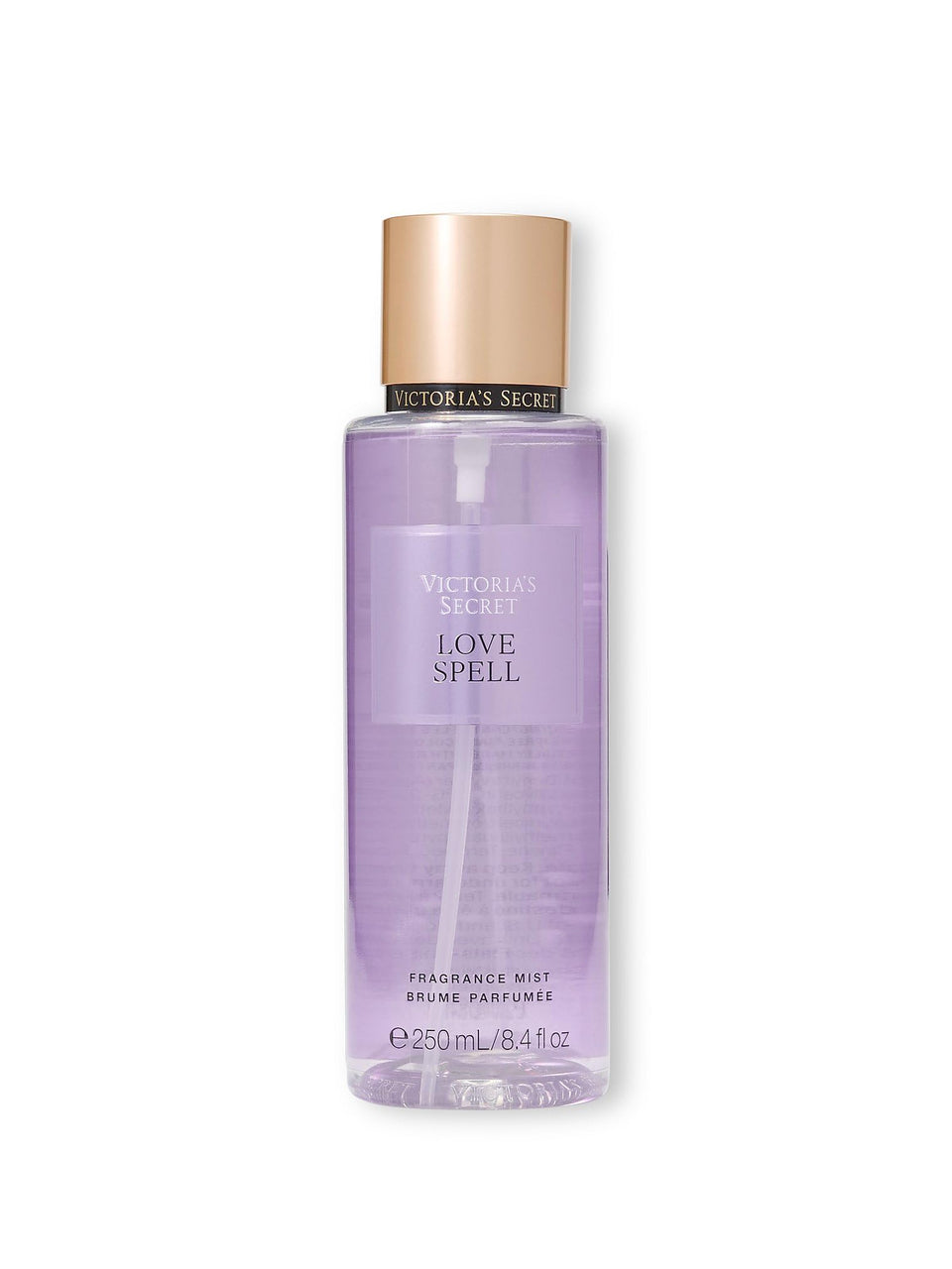 Victoria's Secret Love Spell front bottle view showing scent and size benefit