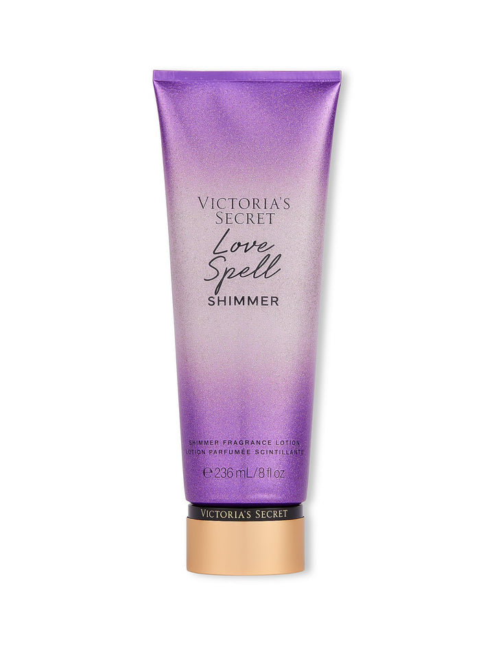 Victoria's Secret bottle front view showing Love Spell shimmer lotion for glowing skin