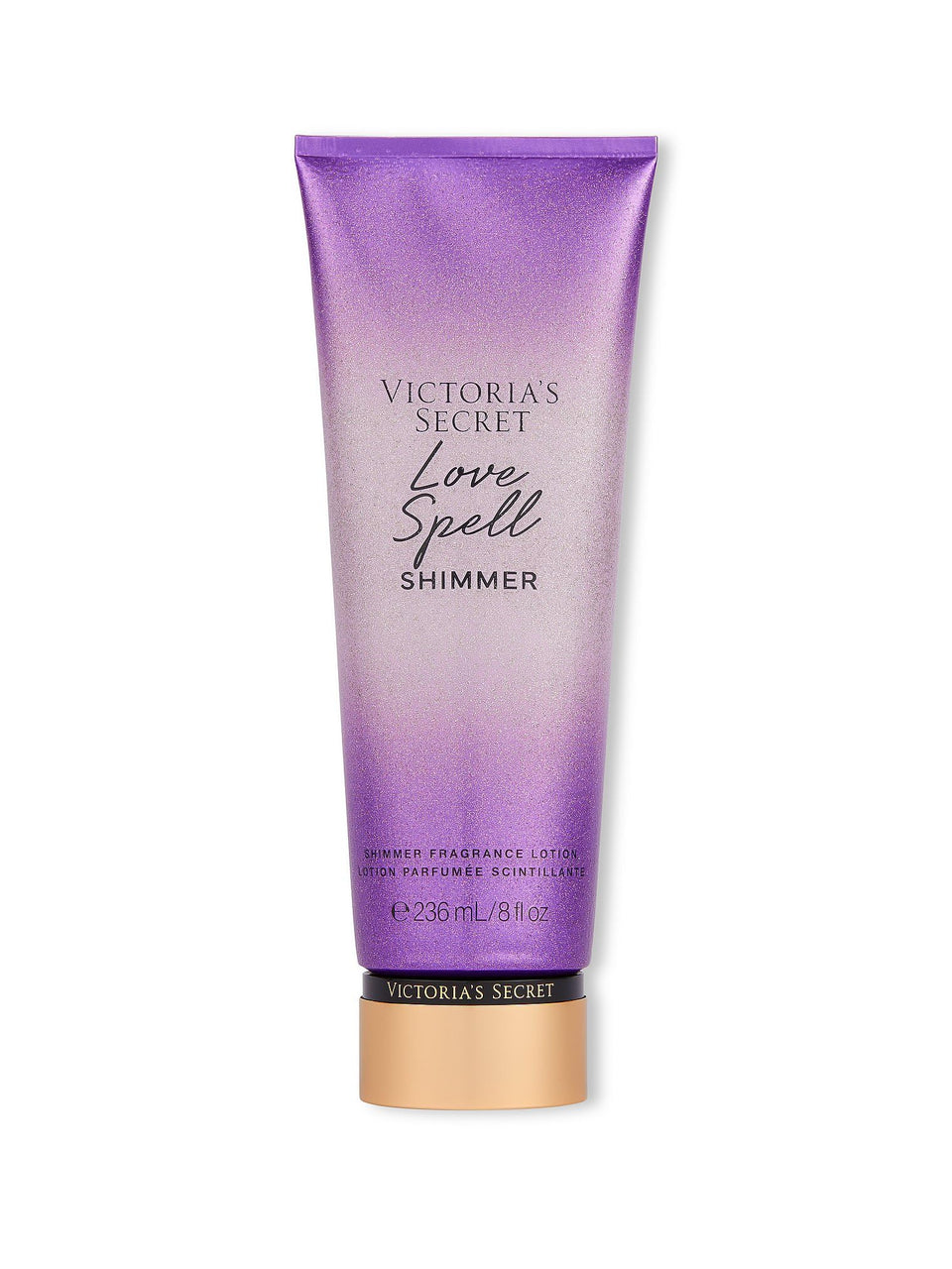 Victoria's Secret bottle front view showing Love Spell shimmer lotion for glowing skin