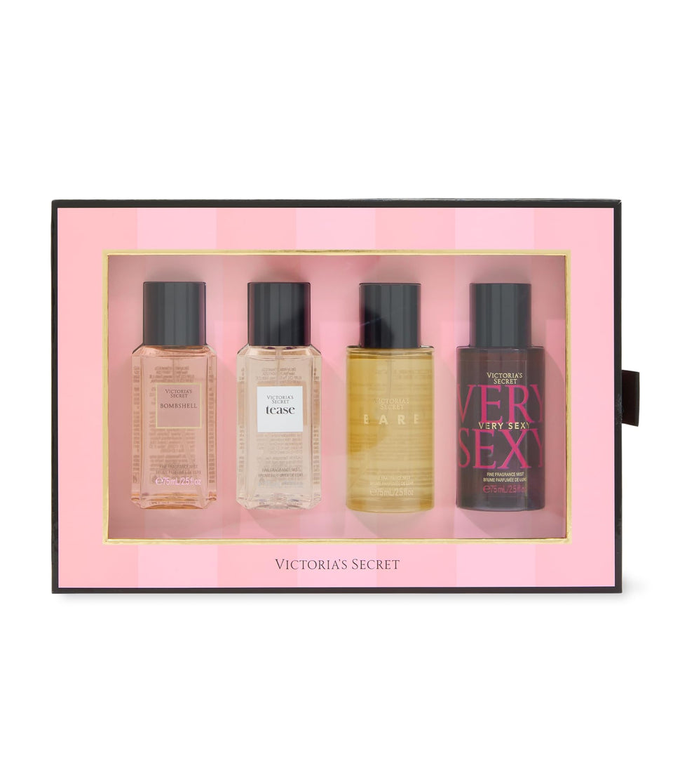 Victoria's Secret four-piece mini mist set front view shows travel-ready packaging and variety