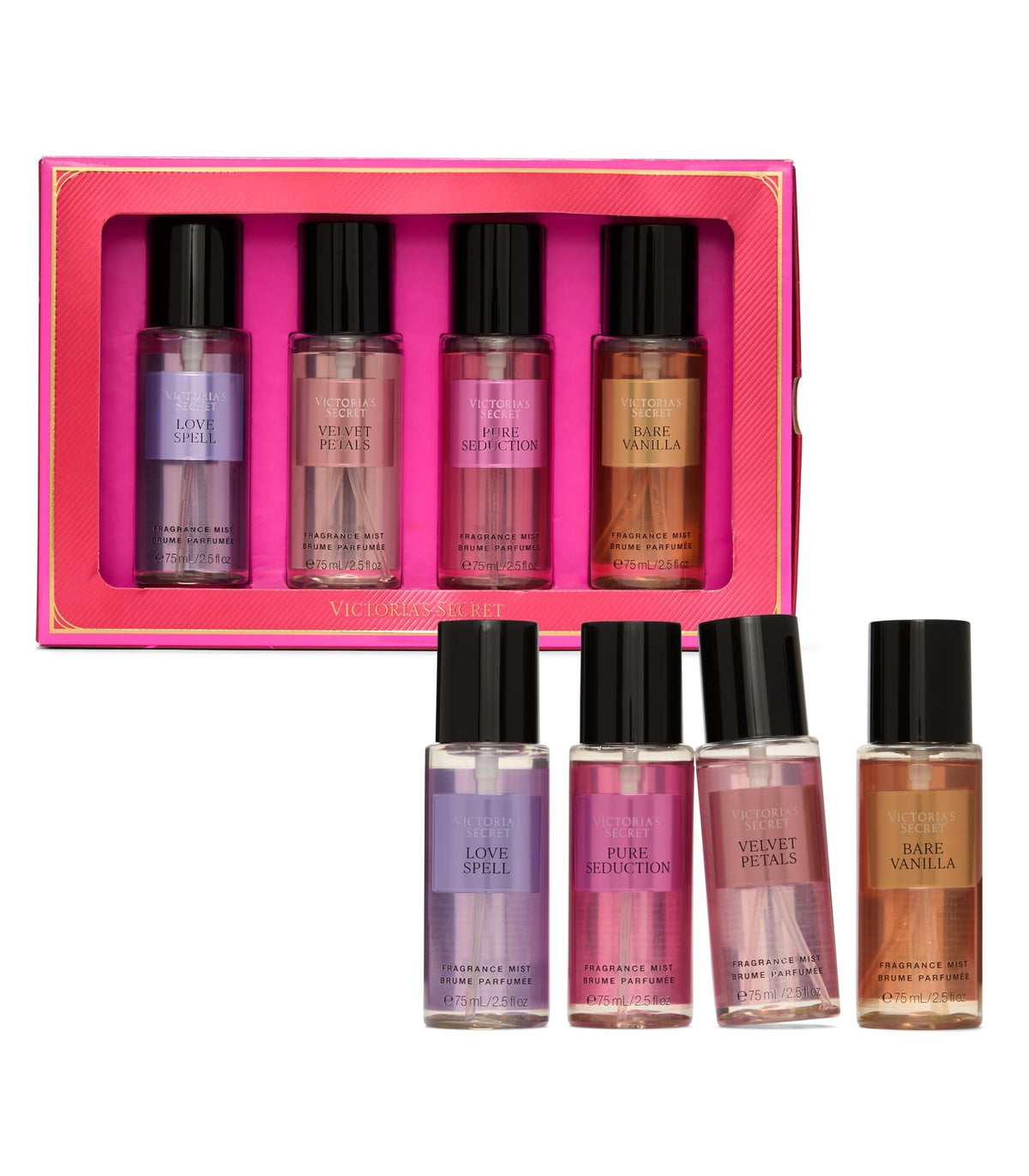 Victoria's Secret front packaging of four mini fragrance mists, great for gifting