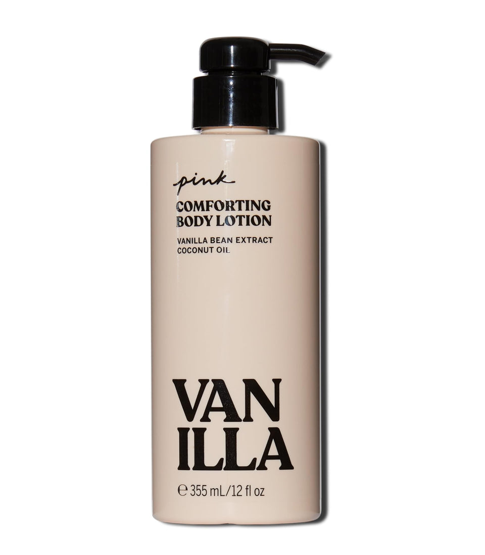 Victoria's Secret PINK front bottle shot showing vanilla lotion and easy dispensing benefit