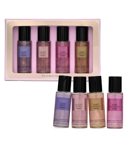 Victoria's Secret front packaging of four shimmer mini mists, perfect gift