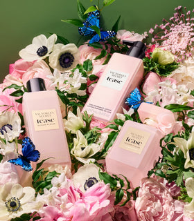 Victoria's Secret bottle styled on a dresser conveying daily use and feminine aesthetic