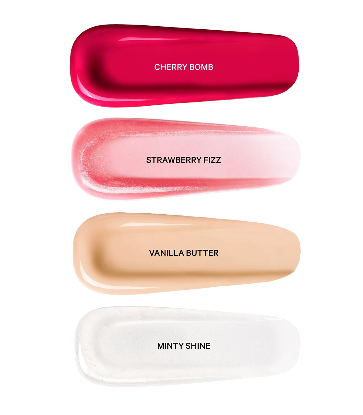 Victoria's Secret swatches of Vanilla Butter, Minty Shine, Strawberry Fizz, Cherry Bomb on skin for shade comparison