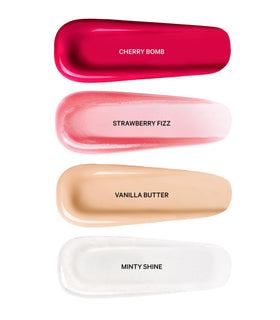 Victoria's Secret swatches of Vanilla Butter, Minty Shine, Strawberry Fizz, Cherry Bomb on skin for shade comparison