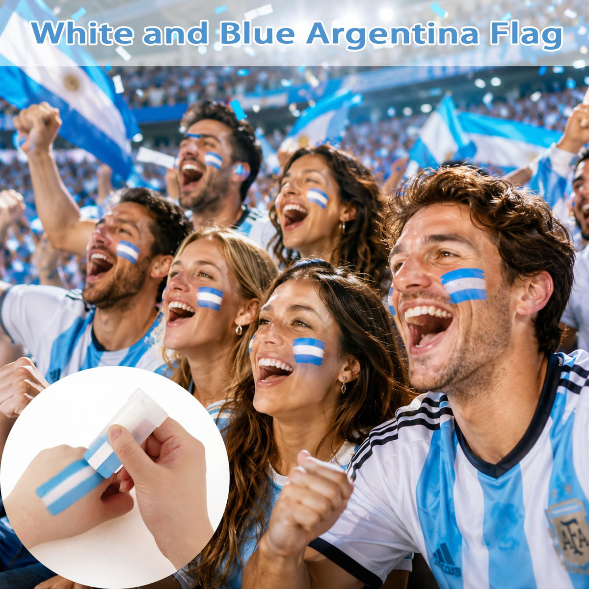 vienflona application on cheek at a game illustrating fast application and bold team support