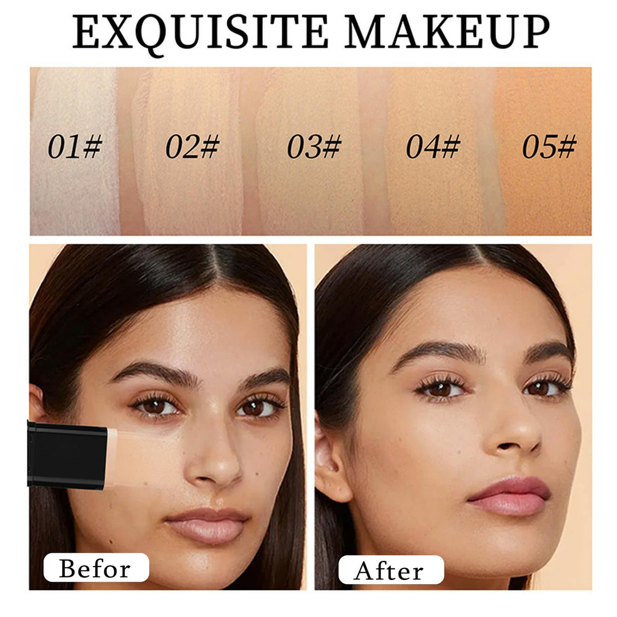 Vienflona application on model cheek illustrating coverage and natural matte benefit
