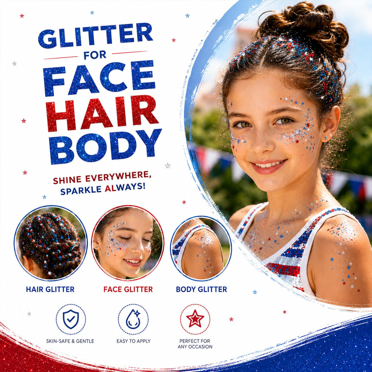 Model applying Vienflona glitter to hairline and cheeks for festive patriotic look
