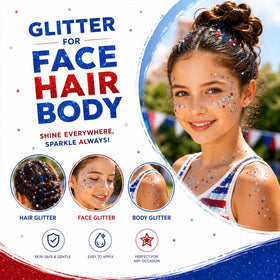 Model applying Vienflona glitter to hairline and cheeks for festive patriotic look