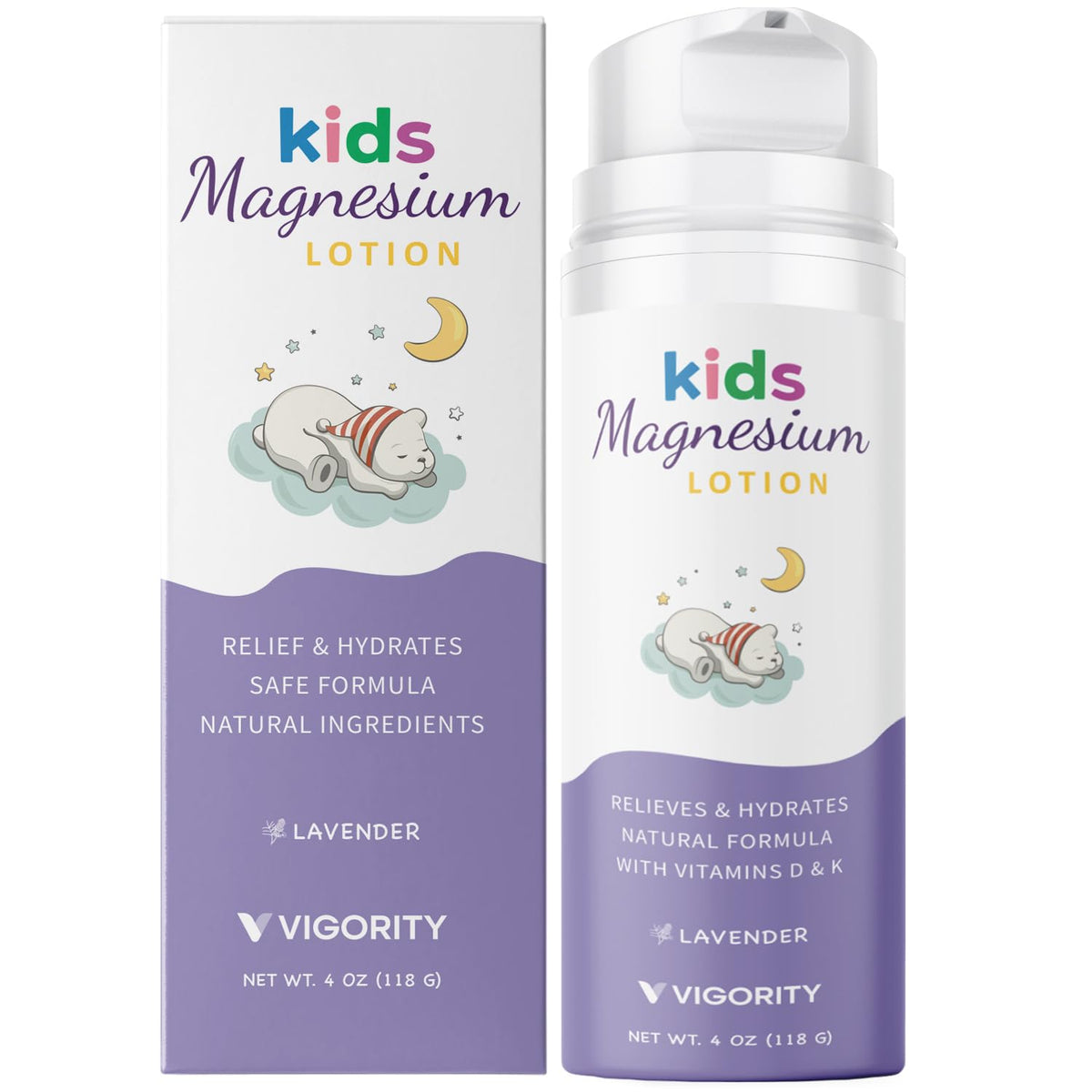 Vigority front packaging showing magnesium bedtime lotion and calming benefits