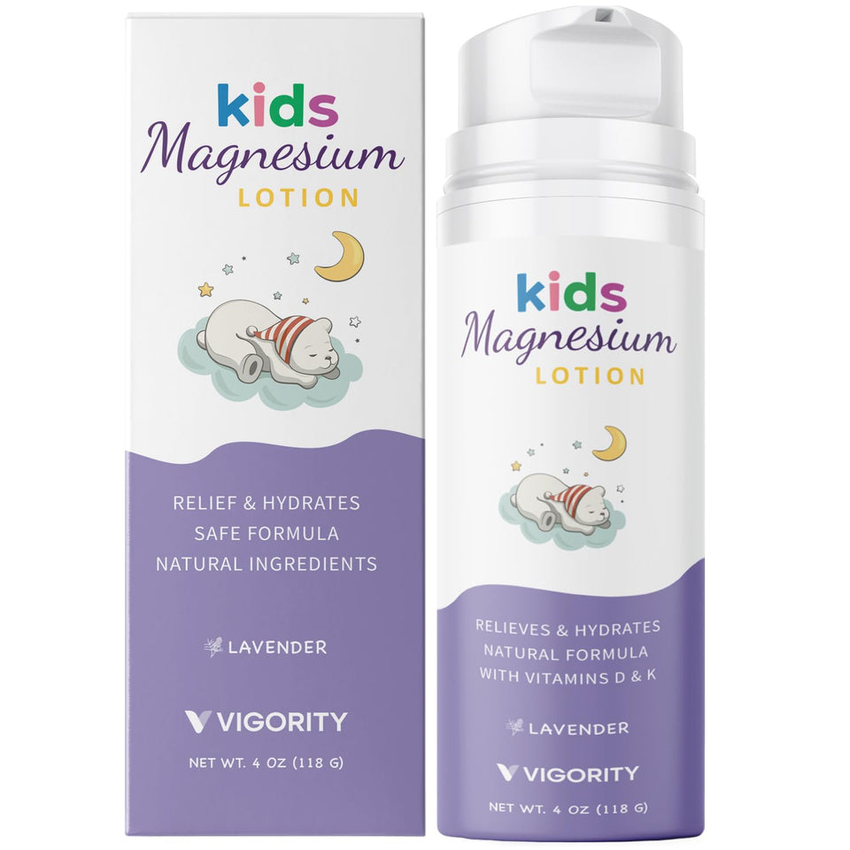 Vigority front packaging showing magnesium bedtime lotion and calming benefits
