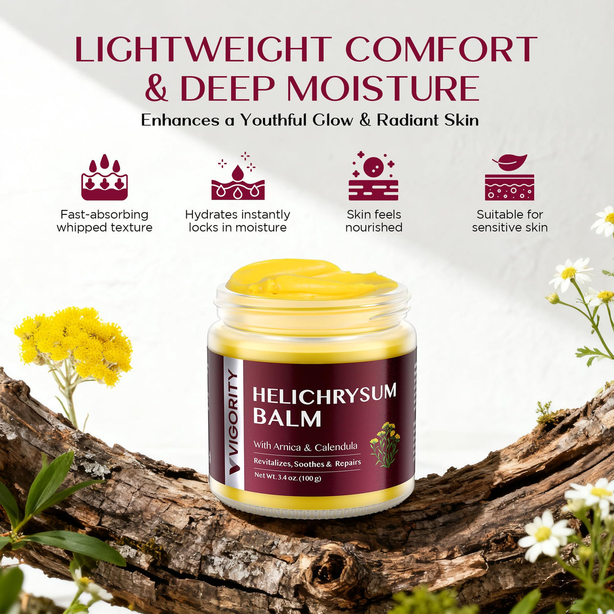 Helichrysum flowers with Vigority jar conveying botanical formulation