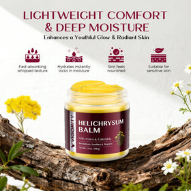 Helichrysum flowers with Vigority jar conveying botanical formulation