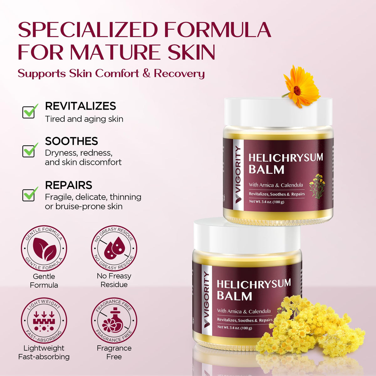 Vigority arnica and calendula ingredients displayed indicating soothing properties