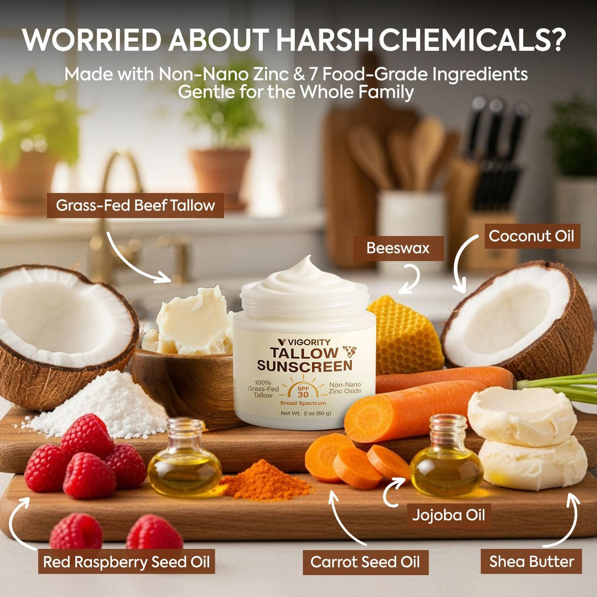 Vigority botanical ingredients displayed to show nourishing oils