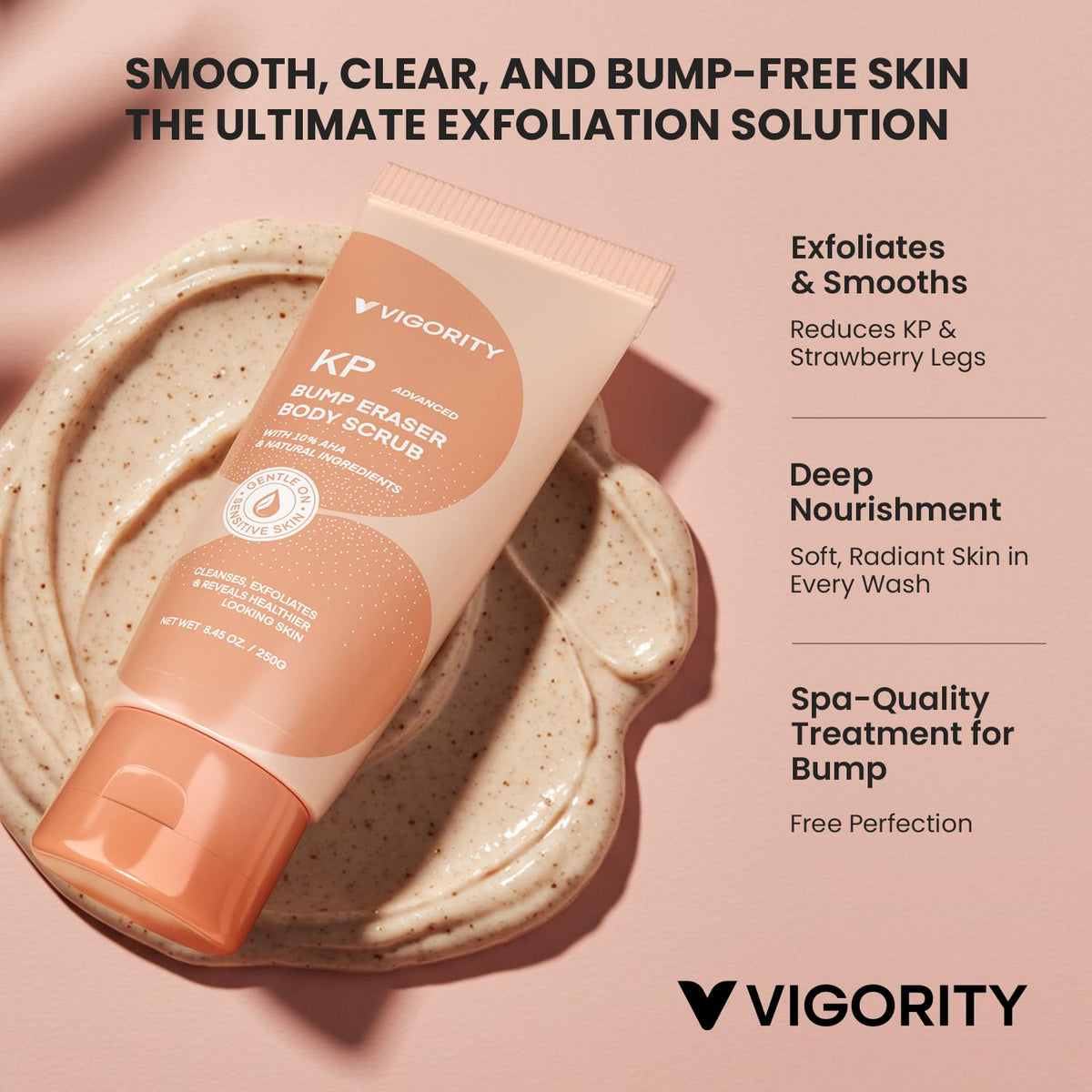 Vigority KP scrub texture close-up displaying exfoliant particles and glow
