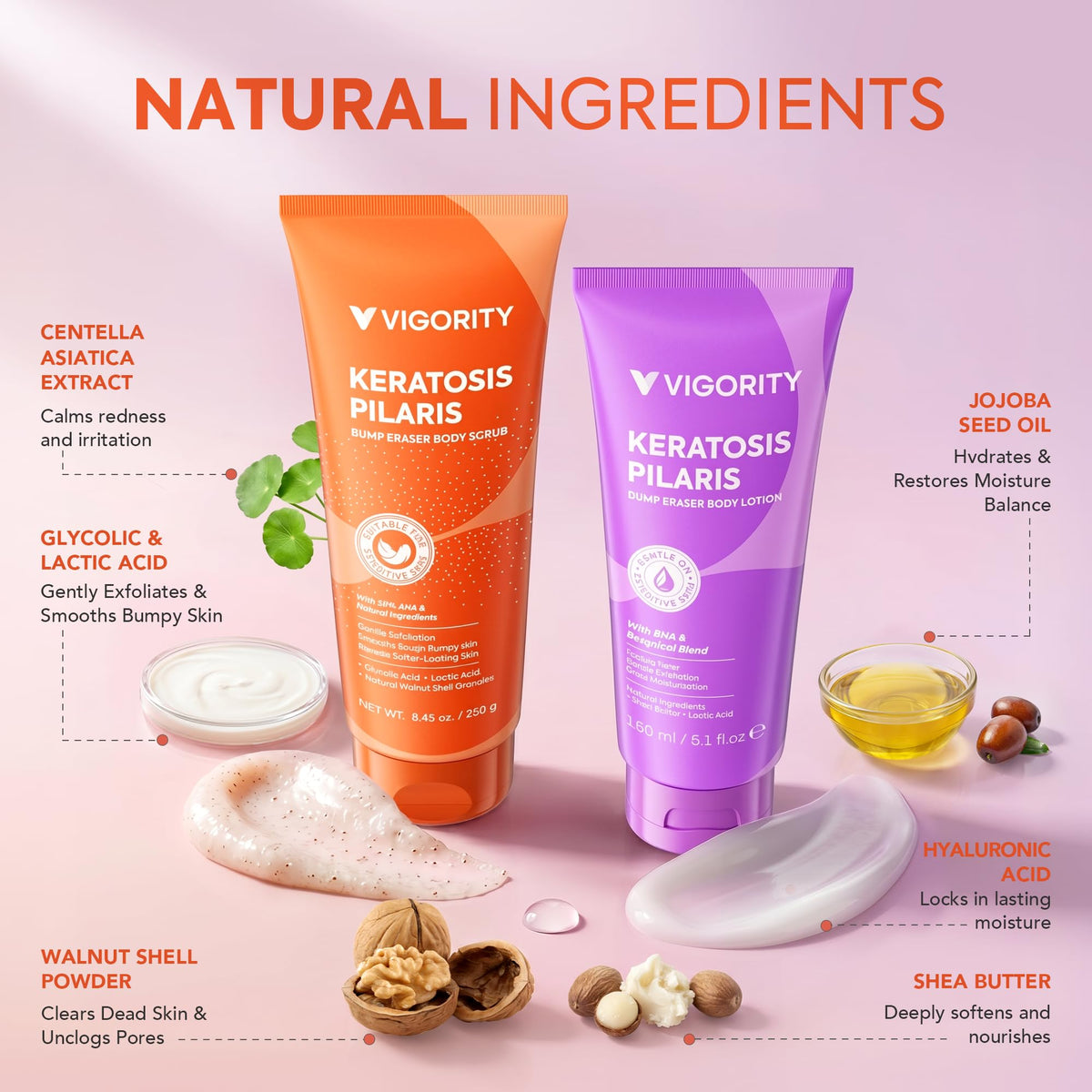 Vigority scrub and lotion next to hand for scale indicating travel-friendly sizes