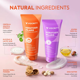Vigority scrub and lotion next to hand for scale indicating travel-friendly sizes