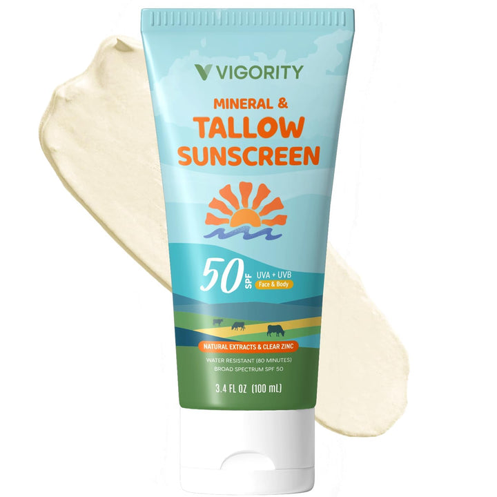 Vigority front packaging showing SPF 50 and natural tallow benefits