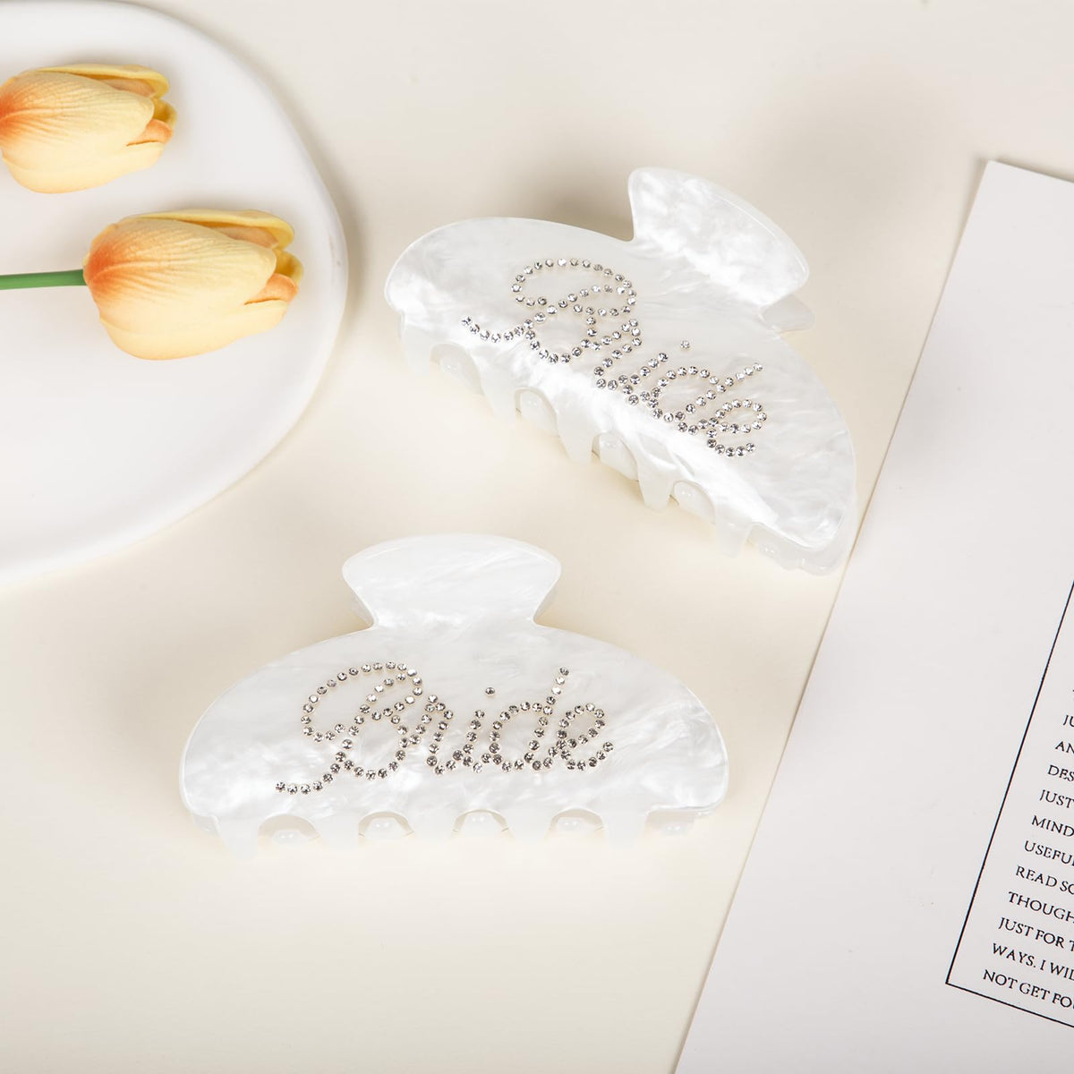 Vigorpace detailed shot of rhinestone Bride lettering shows visible sparkle