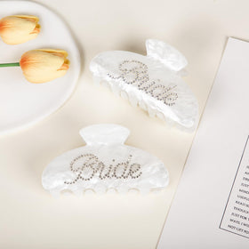 Vigorpace detailed shot of rhinestone Bride lettering shows visible sparkle
